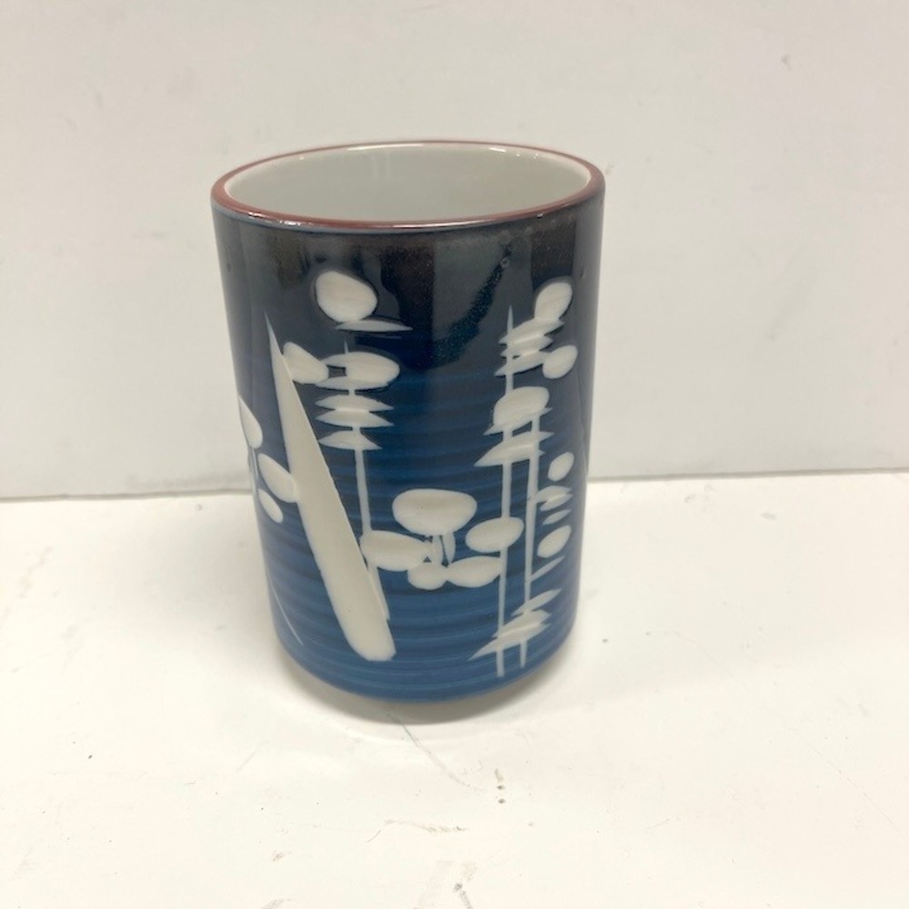 Blue Etched Ceramic Japanese Tea Tumbler Abstract White Bamboo Yunomi 4 Inch